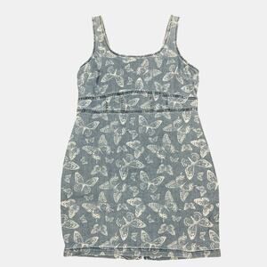 Y2K Butterfly Denim Dress Bodycon Stretch Blue Mini Womens M